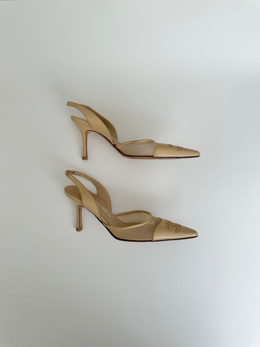 Chanel Beige Mesh Logo Slingback 37.5