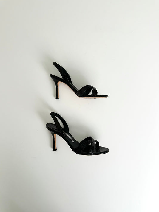 Manolo Blahnik Black Callasli Snakeskin Slingback 37
