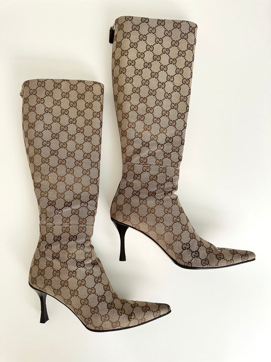 Gucci Beige Monogram Boots US 7.5