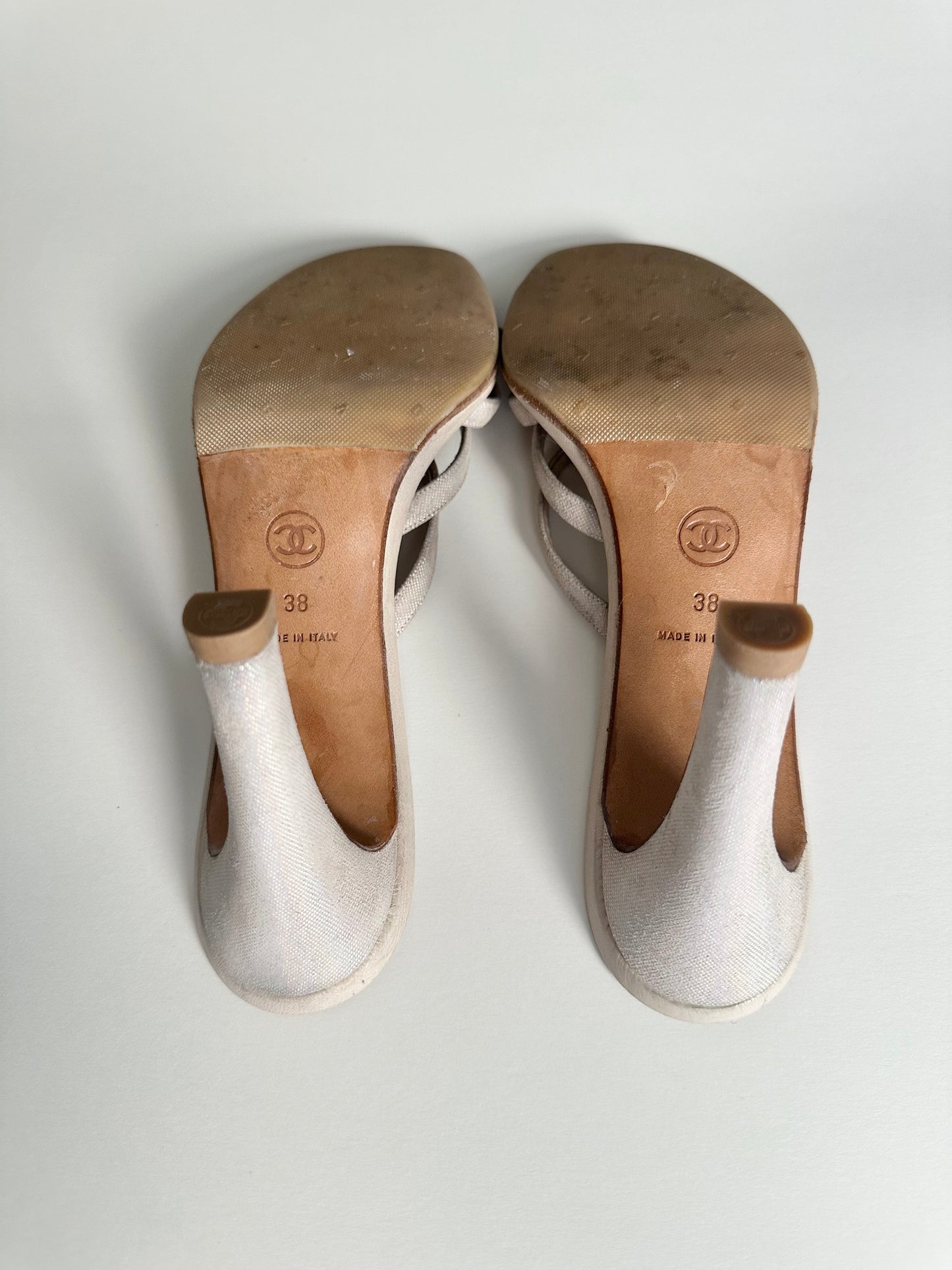 Chanel Beige Rhinestone Logo Sandals 38