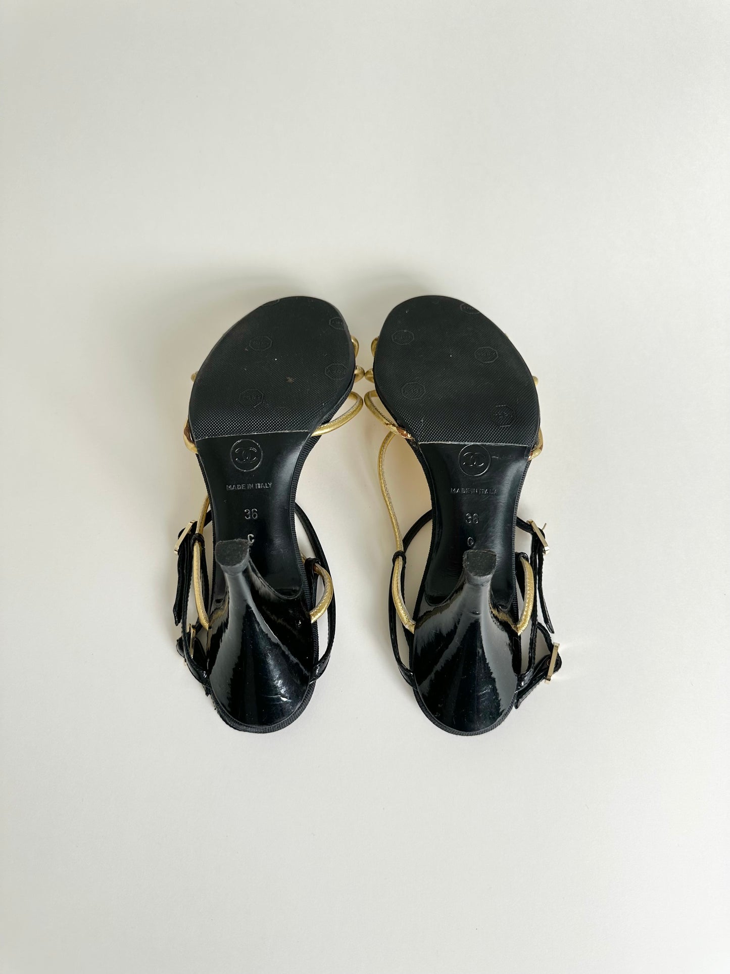 Chanel Black/Gold Caged Logo Heels 36