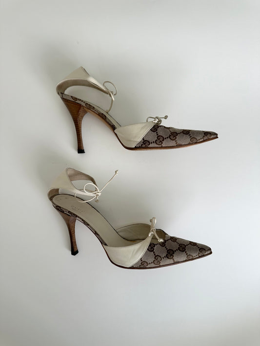 Gucci Ivory Monogram Ankle Tie Pumps 39