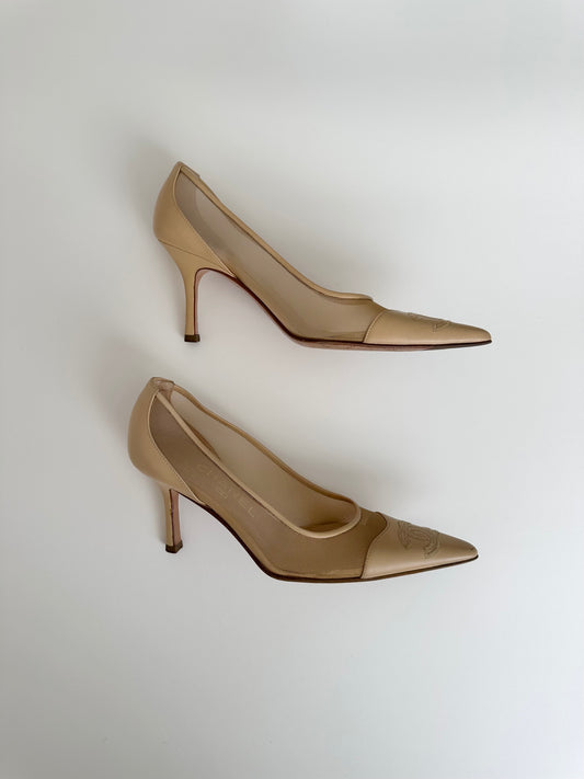 Chanel Beige Mesh Logo Pumps 36