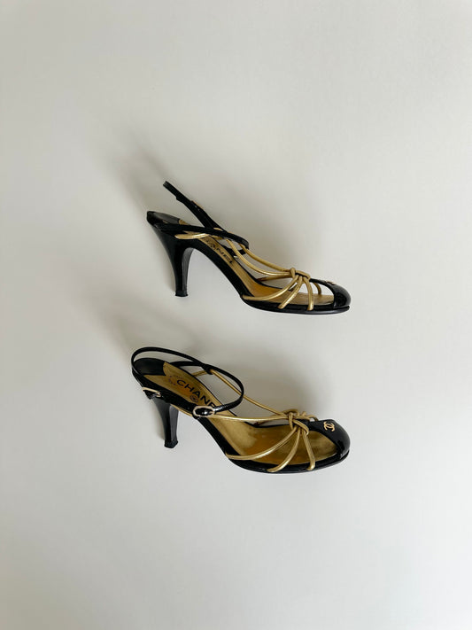 Chanel Black/Gold Caged Logo Heels 36