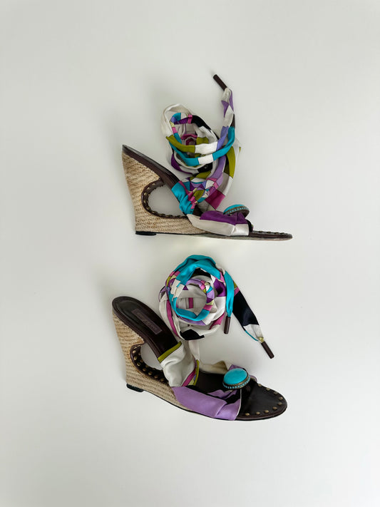 Pucci Multicolor Satin Ankle Wrap Wedge 38
