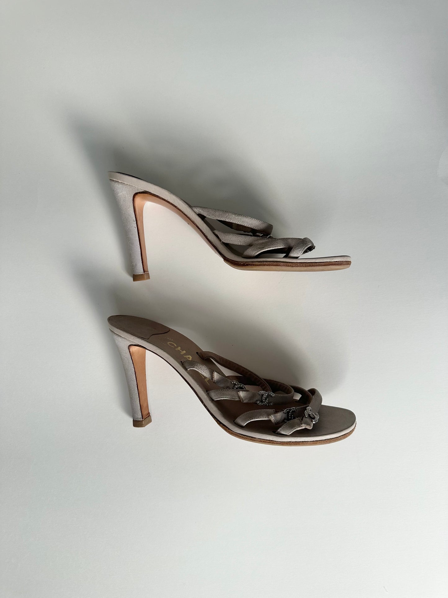 Chanel Beige Rhinestone Logo Sandals 38