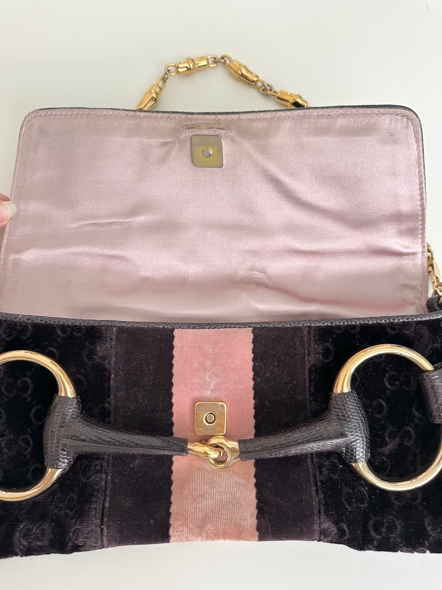 Gucci Purple Monogram Velvet Lizard 1955 Horsebit Bag
