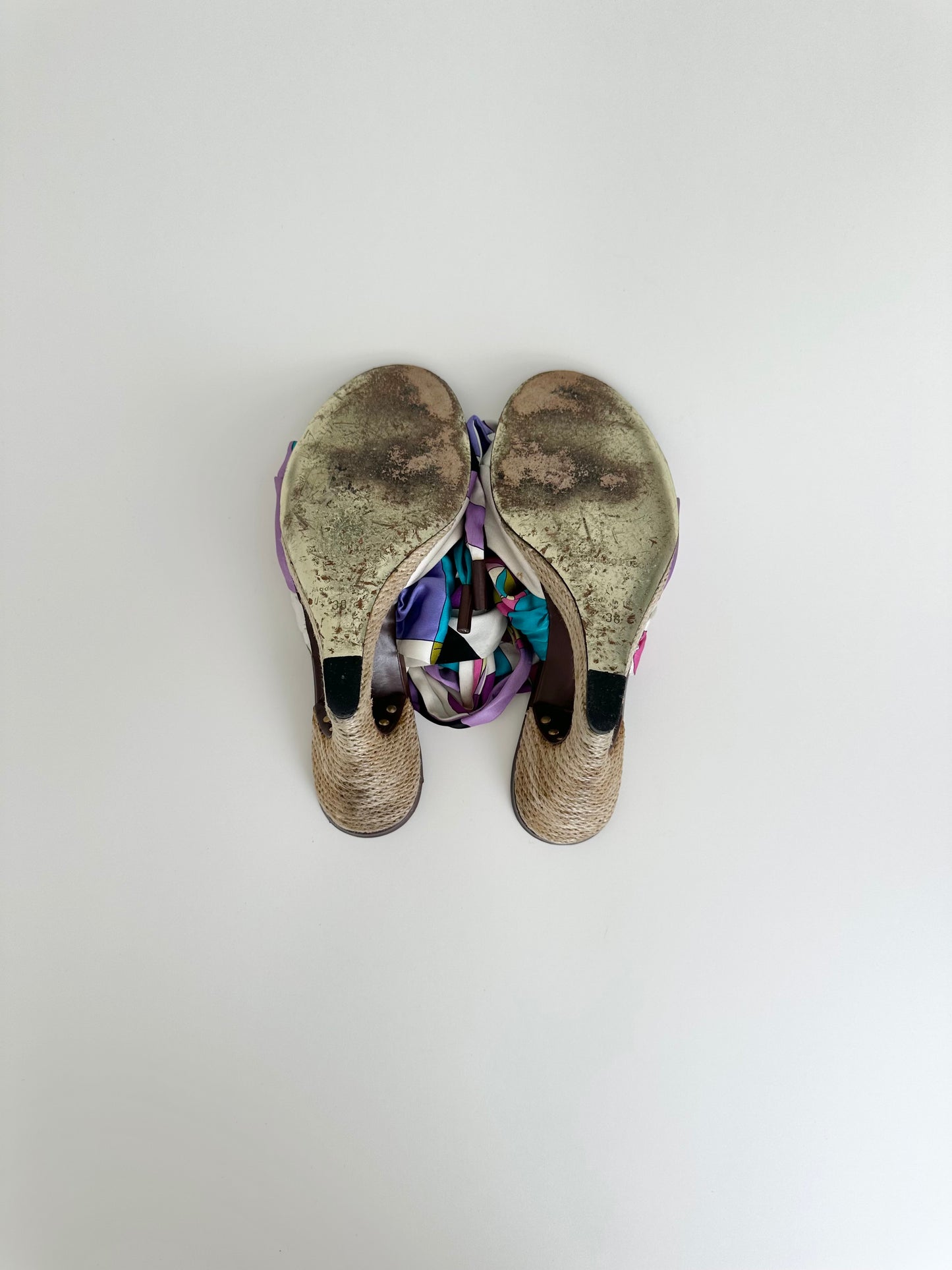 Pucci Multicolor Satin Ankle Wrap Wedge 38