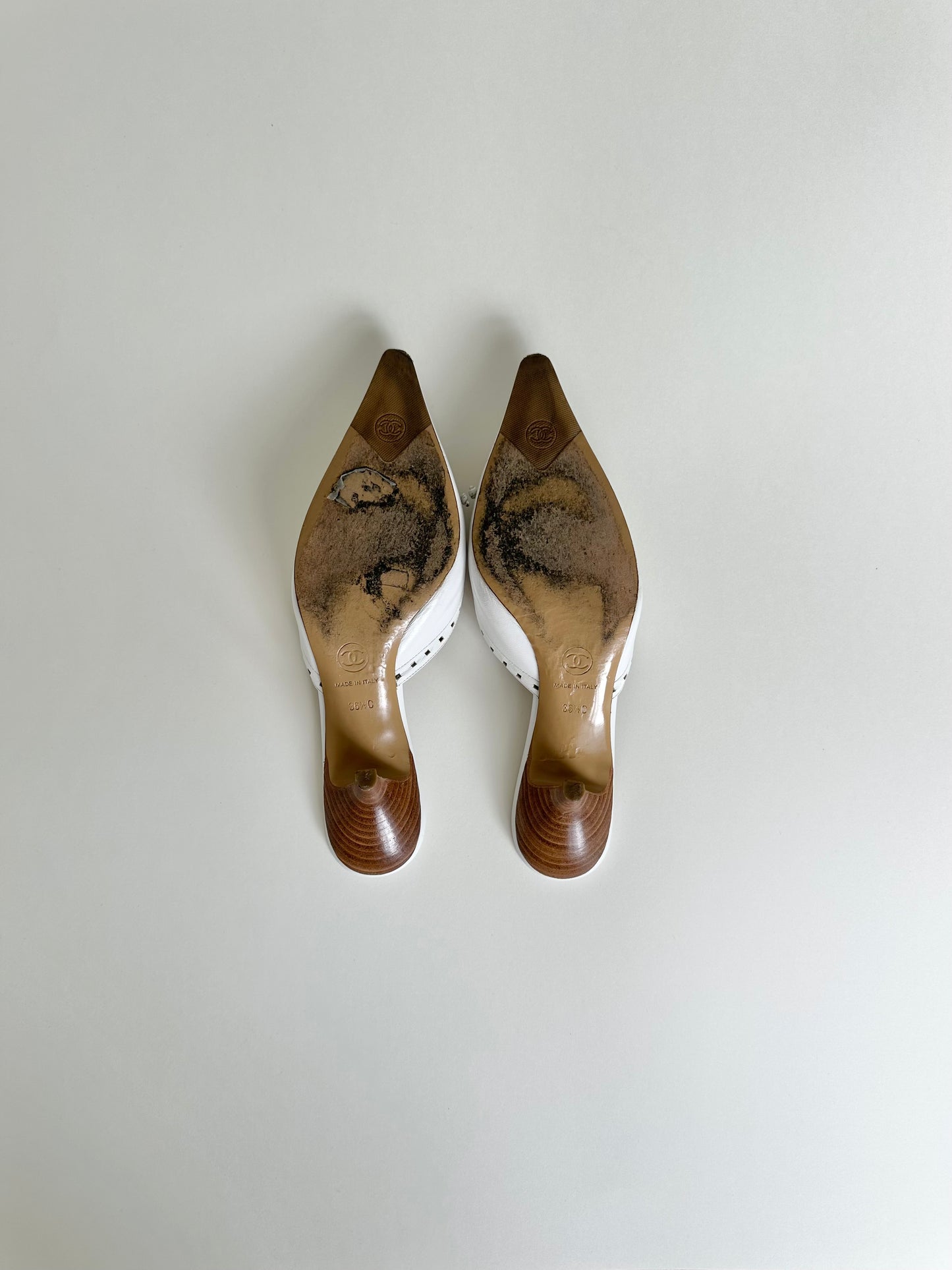 Chanel White Logo Bow Mules 36.5