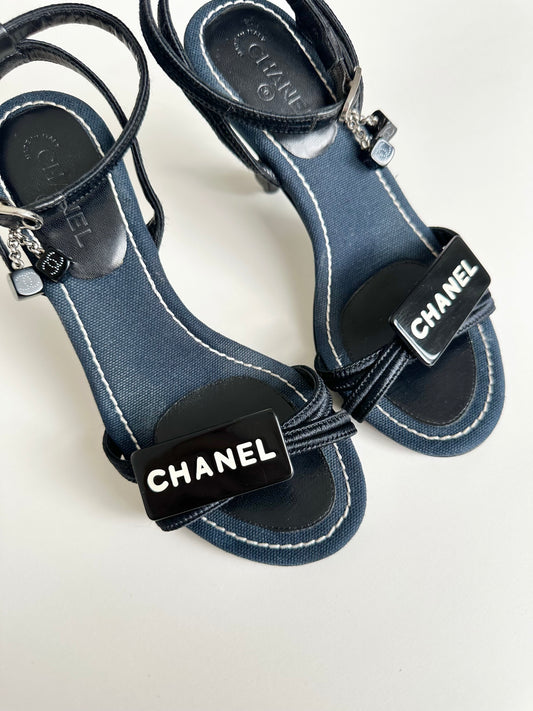 Chanel Denim Dice Ankle Strap Sandals 34