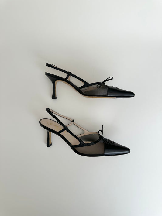 Chanel Black Mesh Bow Slingback 38.5