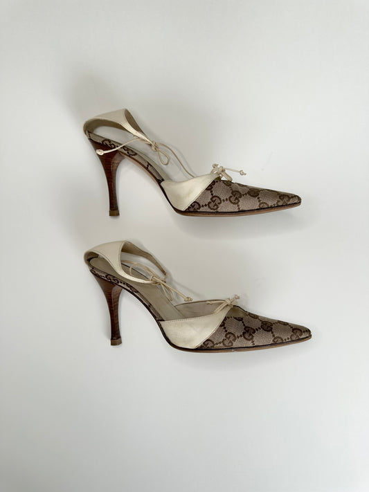 Gucci Monogram White Ankle Tie Heels US 6