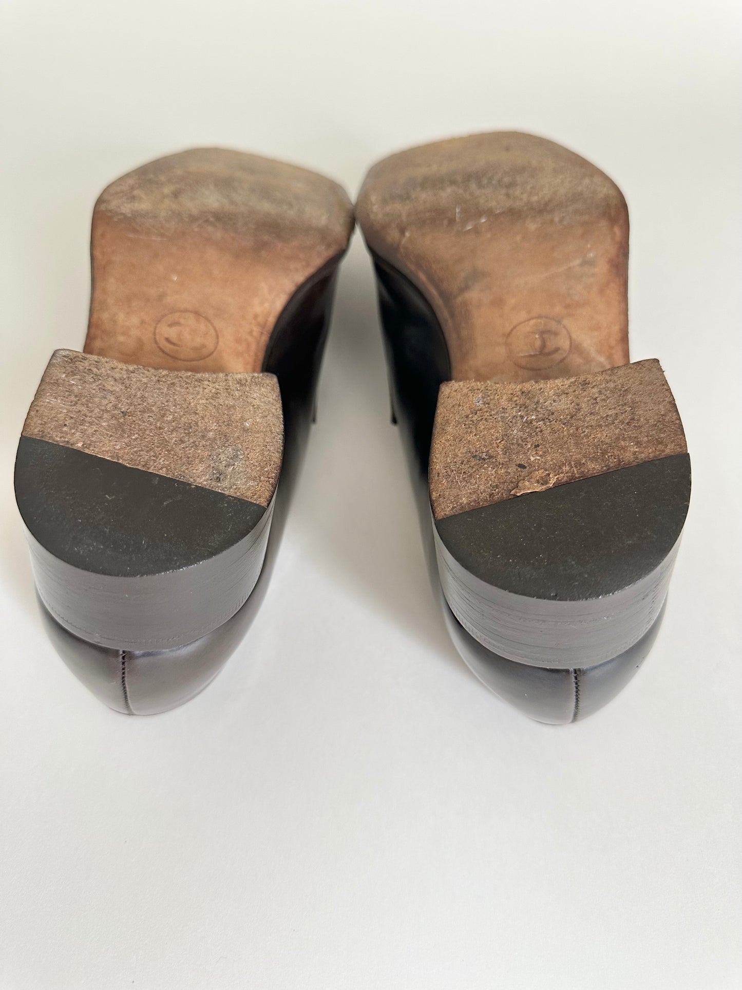 Chanel Brown Patent Logo Loafers 38.5