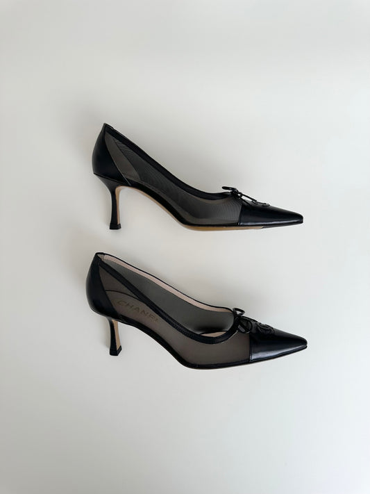 Chanel Black Mesh Bow Pumps 36.5