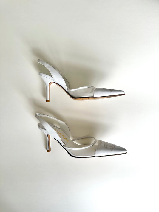 Chanel White Mesh Logo Slingback 36