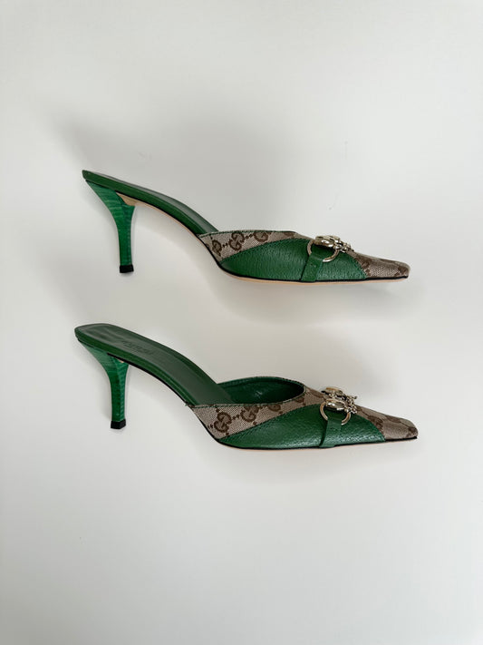Gucci Green Monogram Horsebit Mules US 9.5