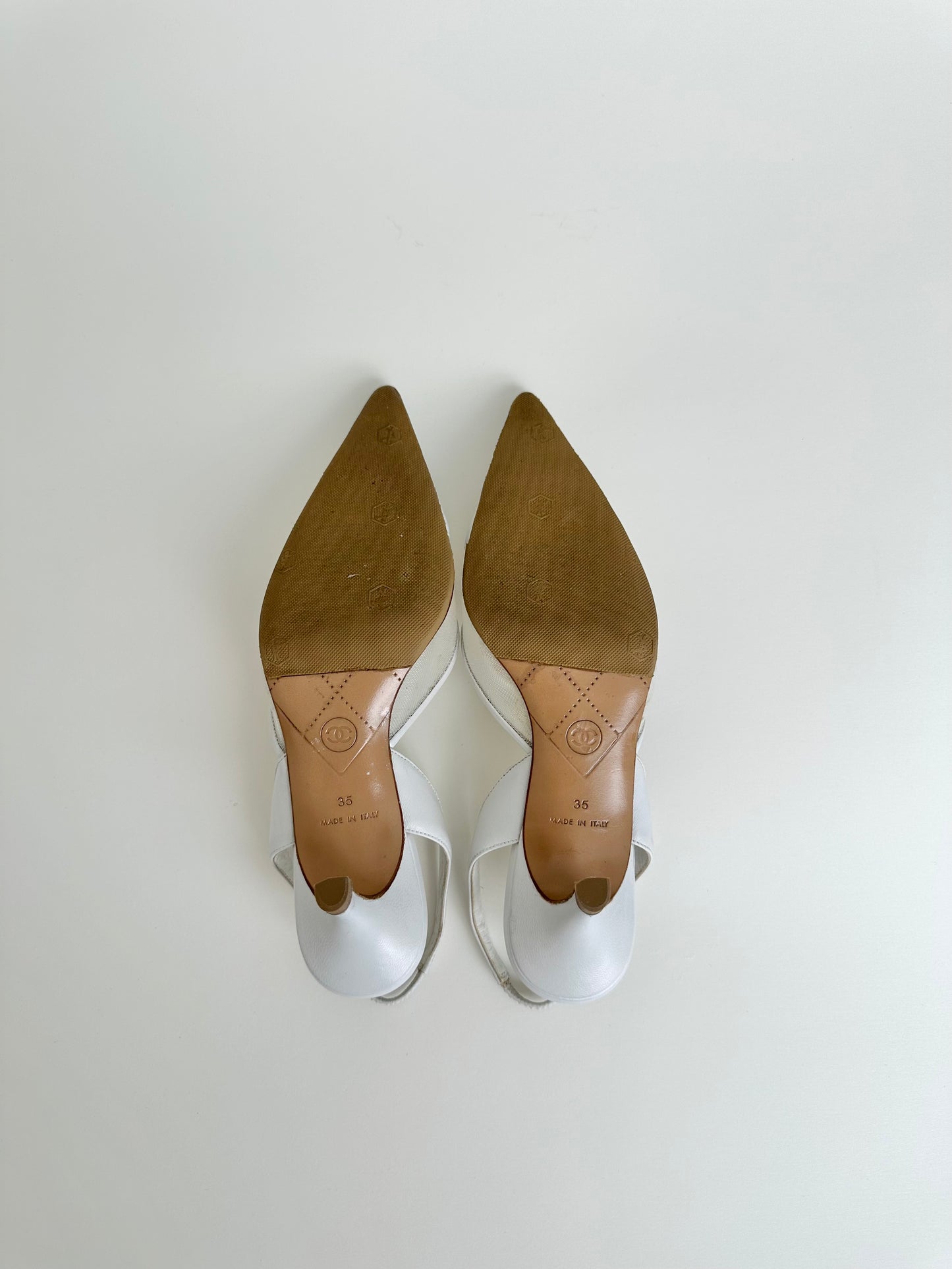 Chanel White Mesh Logo Slingback 35