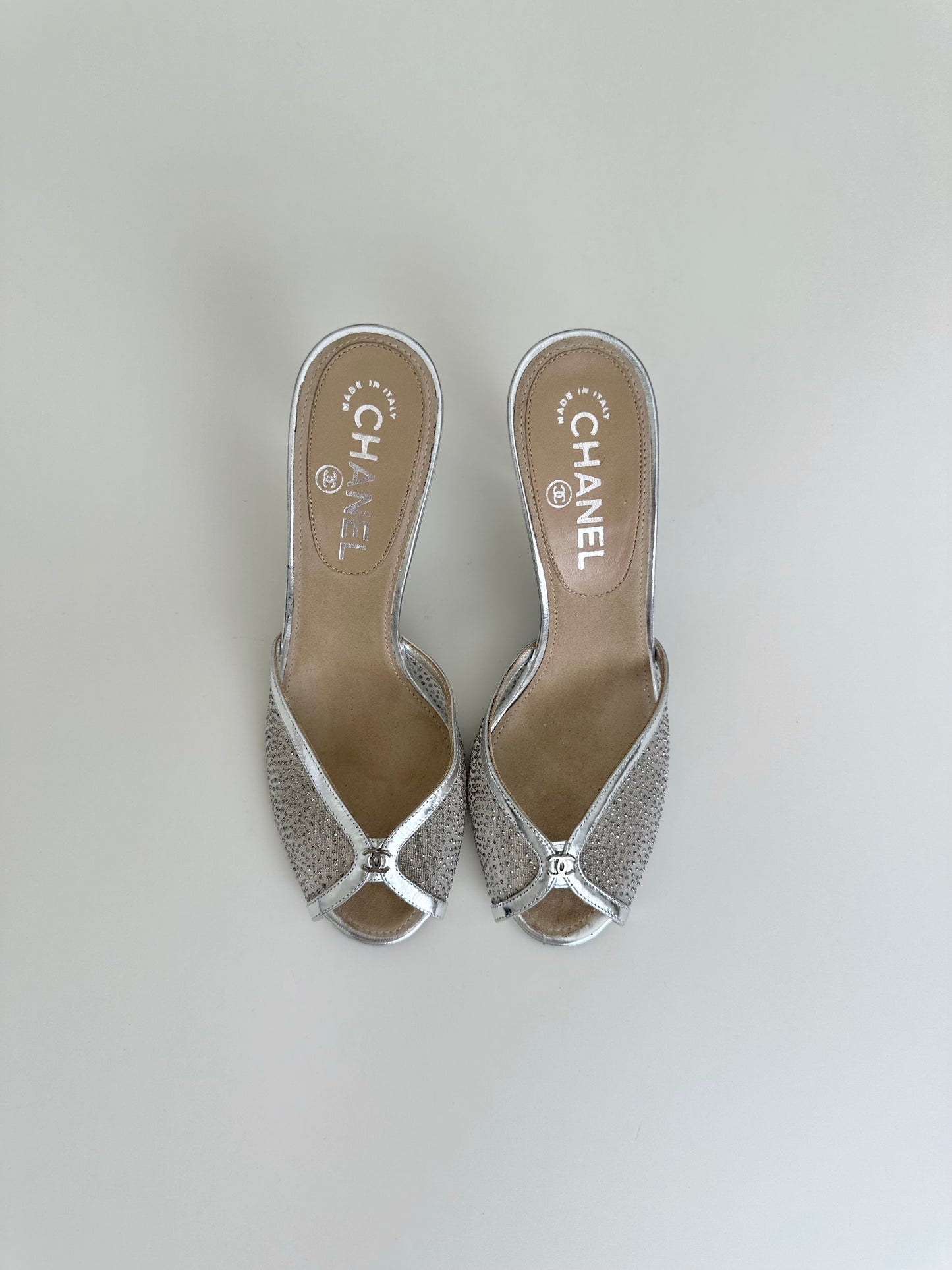 Chanel Silver Lucite Mesh Heels 37.5