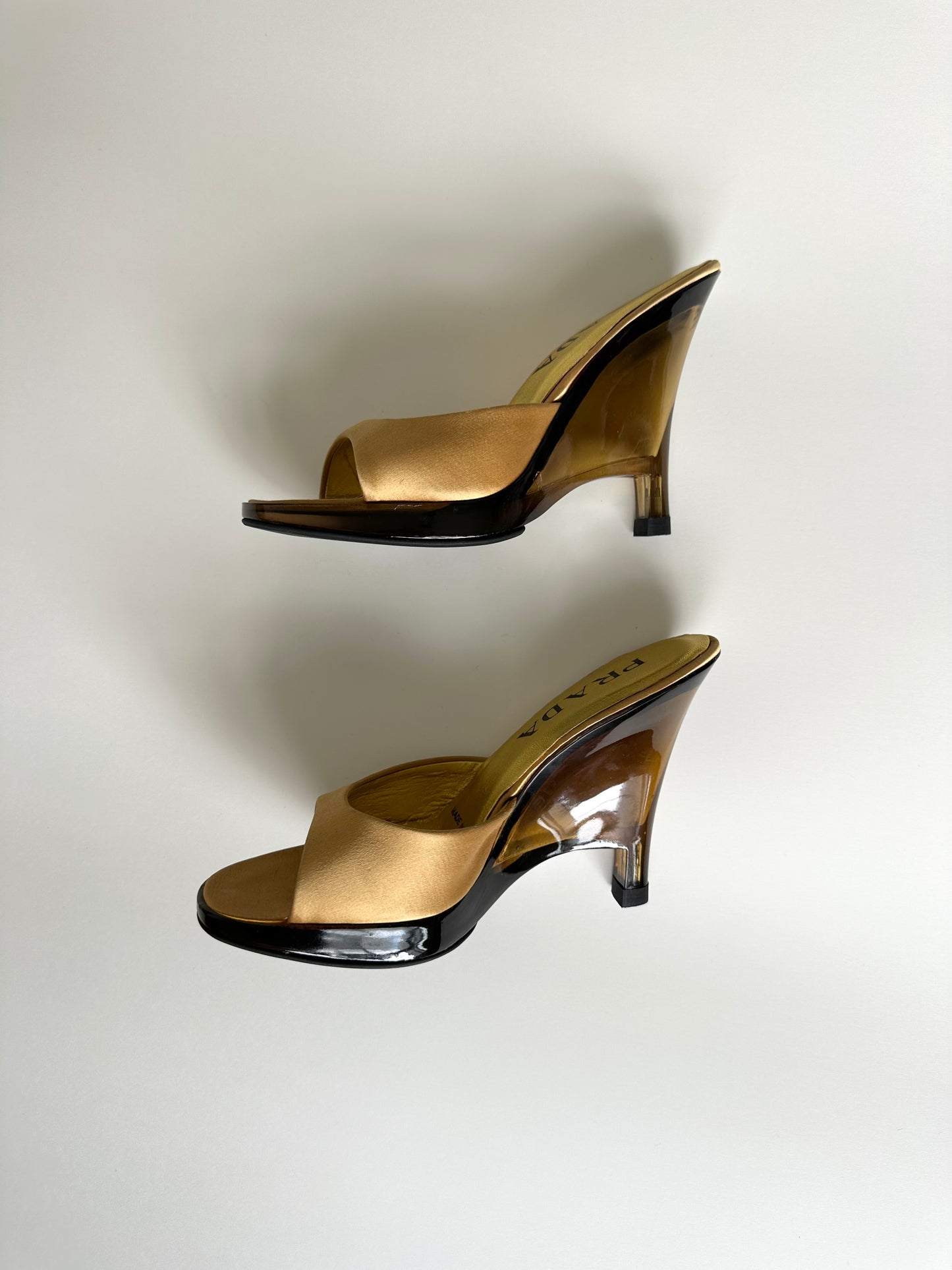 Prada 1998 Yellow Satin Lucite Wedges 35.5