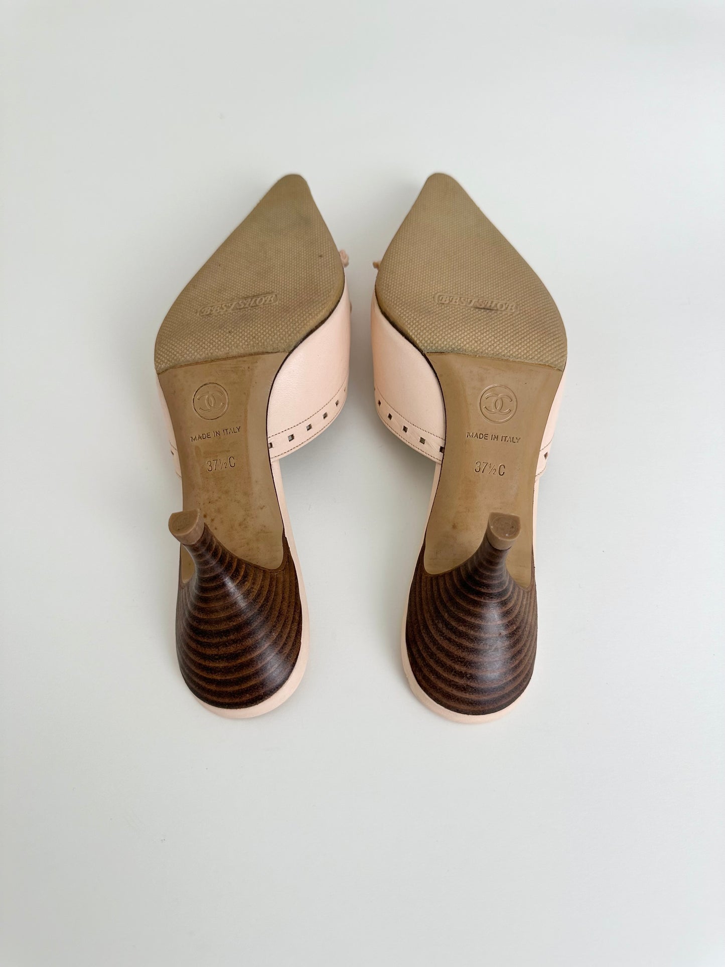 Chanel Light Pink Logo Mules 37.5