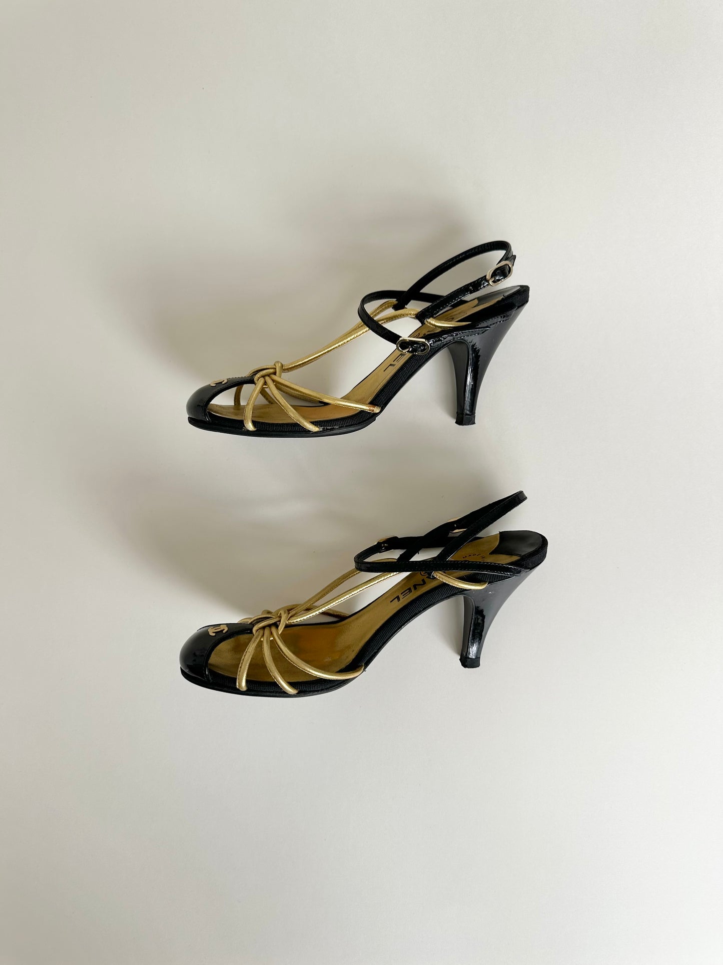 Chanel Black/Gold Caged Logo Heels 36