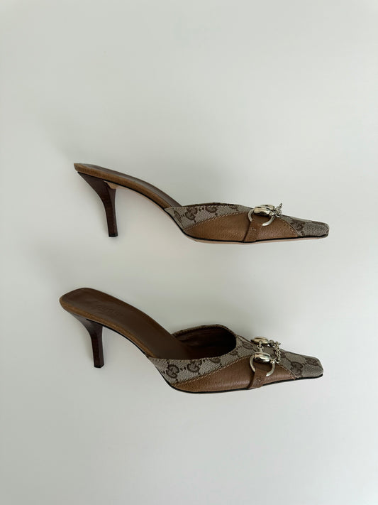 Gucci Tan Monogram Horsebit Mules 37.5