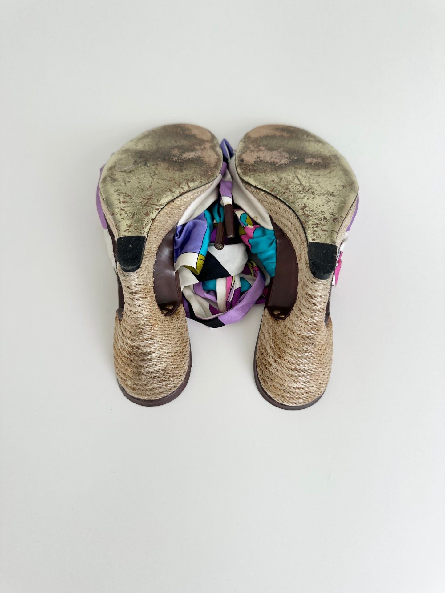 Pucci Multicolor Satin Ankle Wrap Wedge 38
