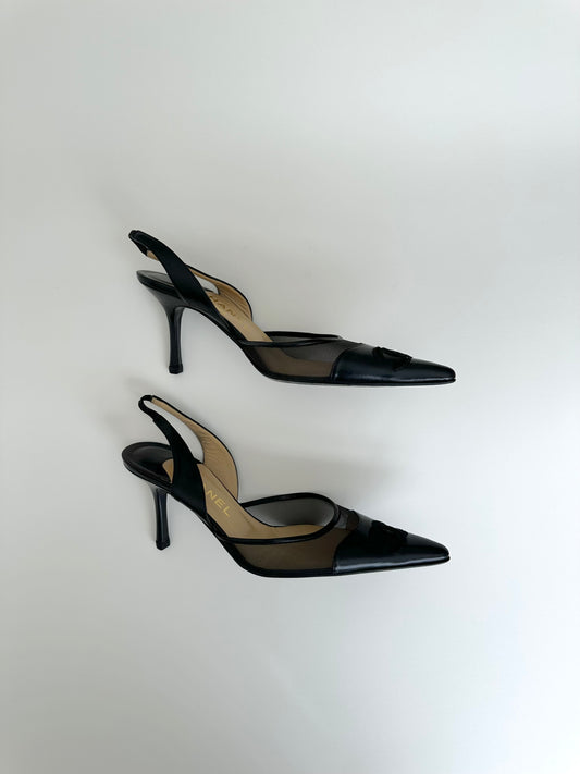 Chanel Black Mesh Logo Slingback 39.5