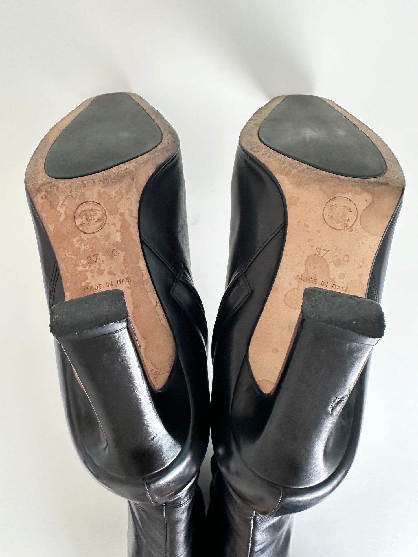 Chanel Black Leather Logo Boots 37