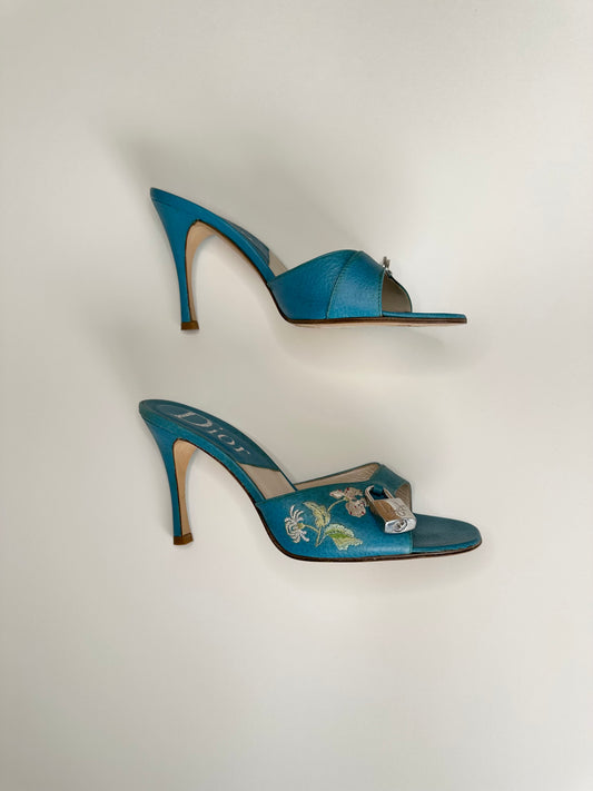 Dior Blue Embroidered Lock/Key Sandals 37.5
