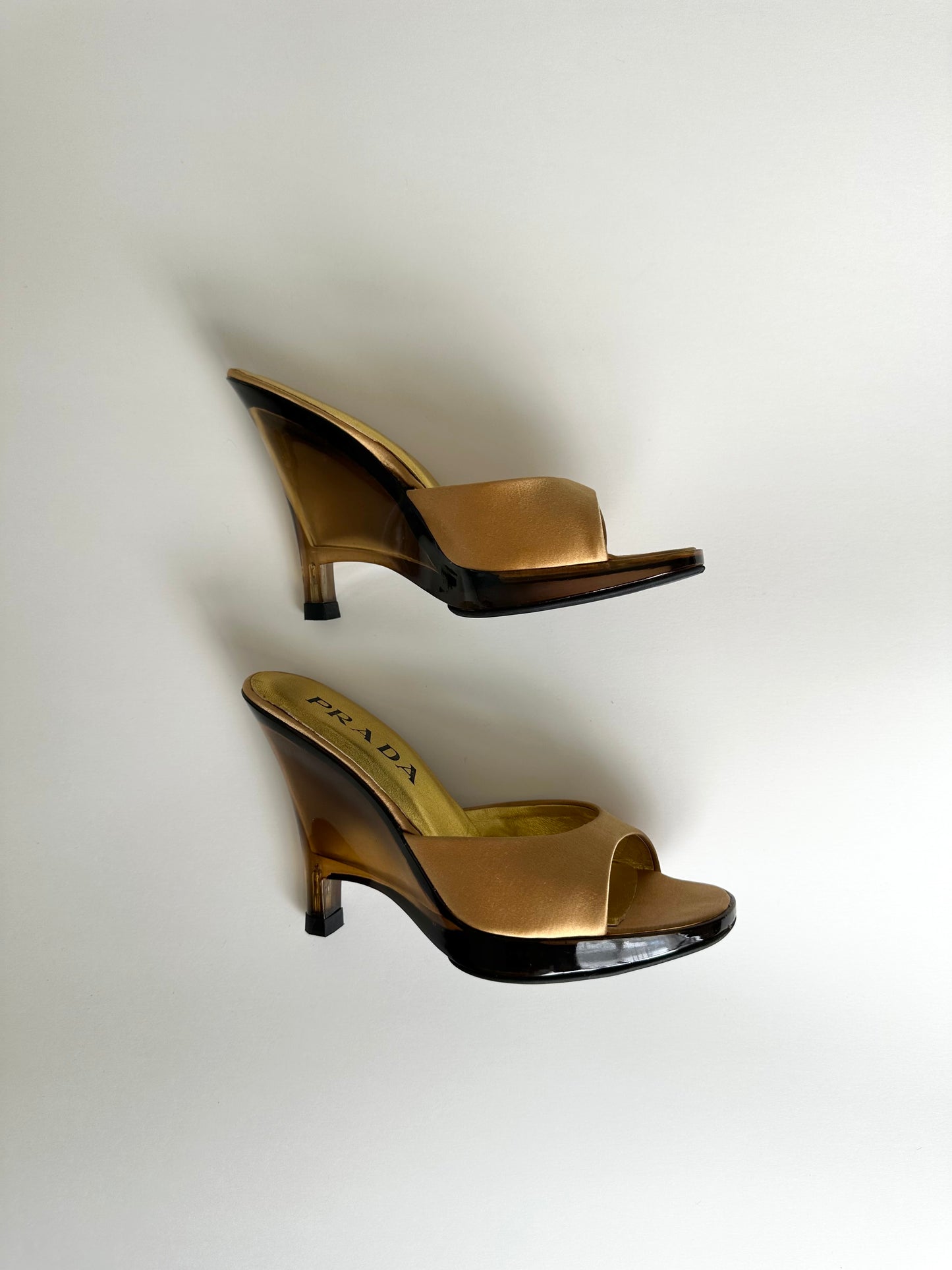 Prada 1998 Yellow Satin Lucite Wedges 35.5