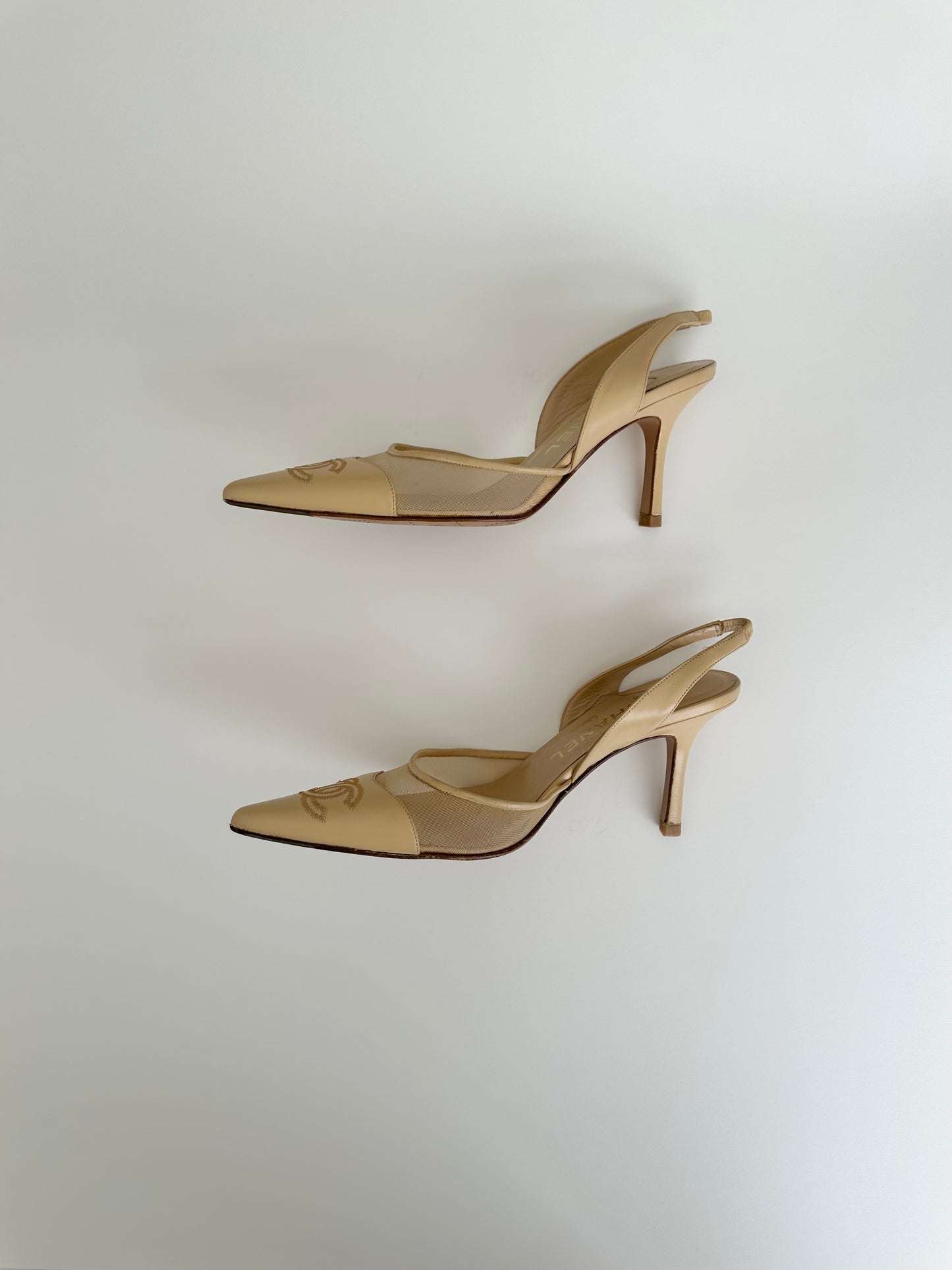 Chanel Beige Mesh Logo Slingback 37.5