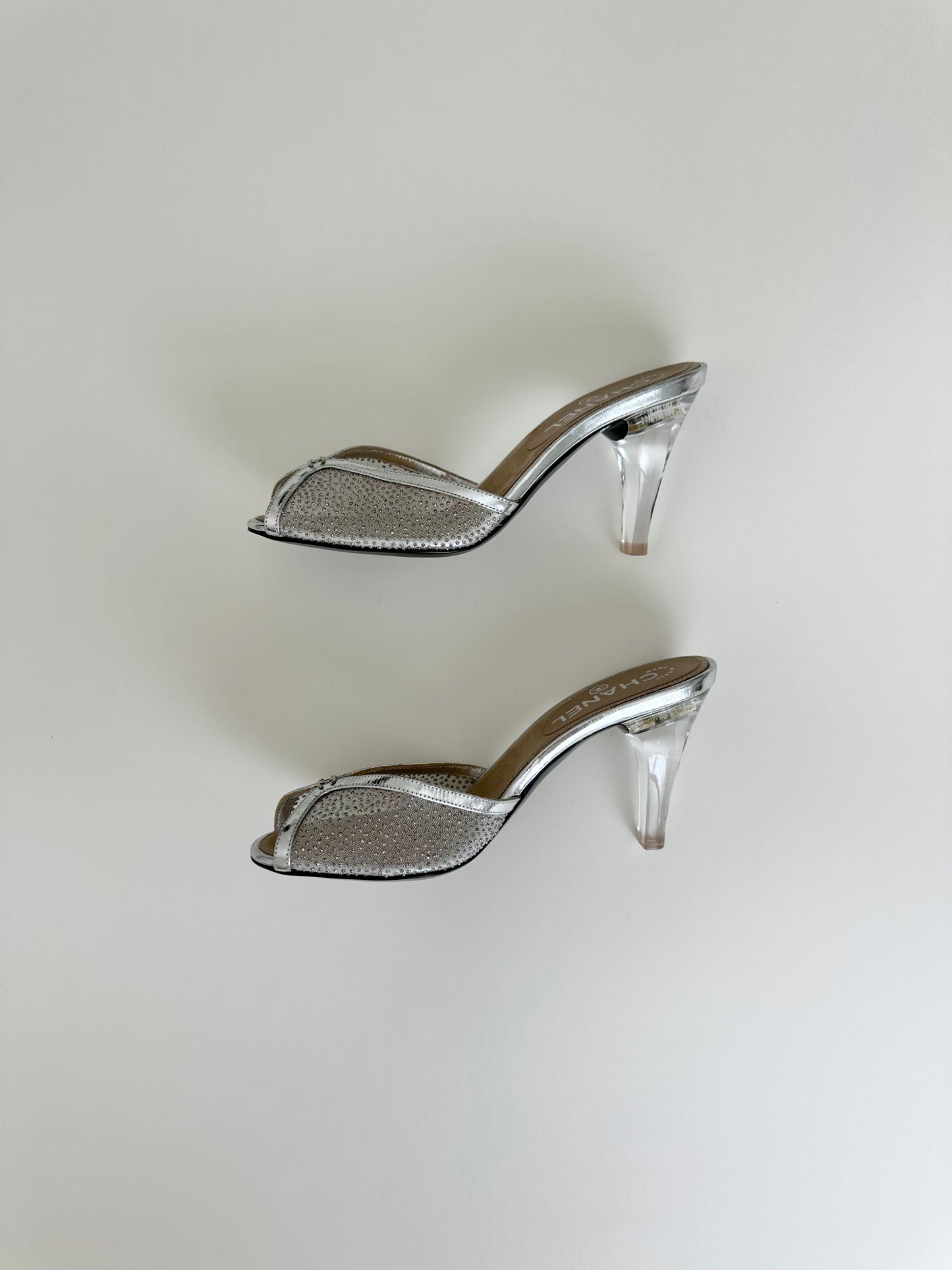 Chanel Silver Lucite Mesh Heels 37.5
