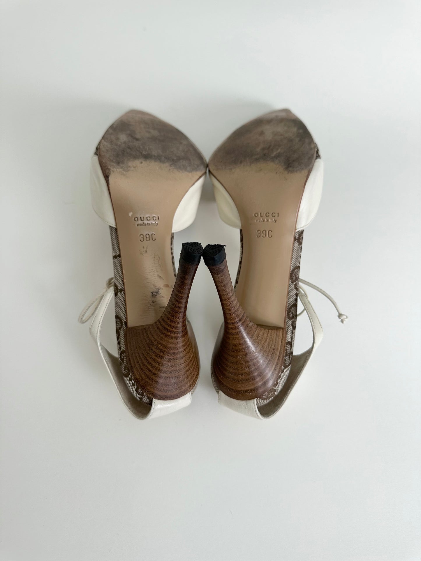 Gucci Ivory Monogram Ankle Tie Pumps 39
