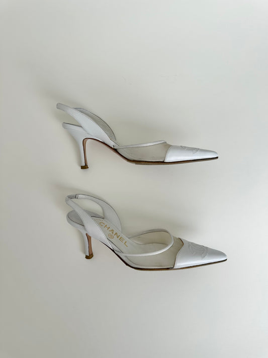 Chanel White Mesh Logo Slingback 34.5