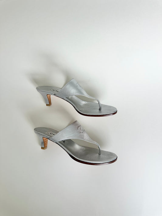 Chanel Silver Thong Sandals 40
