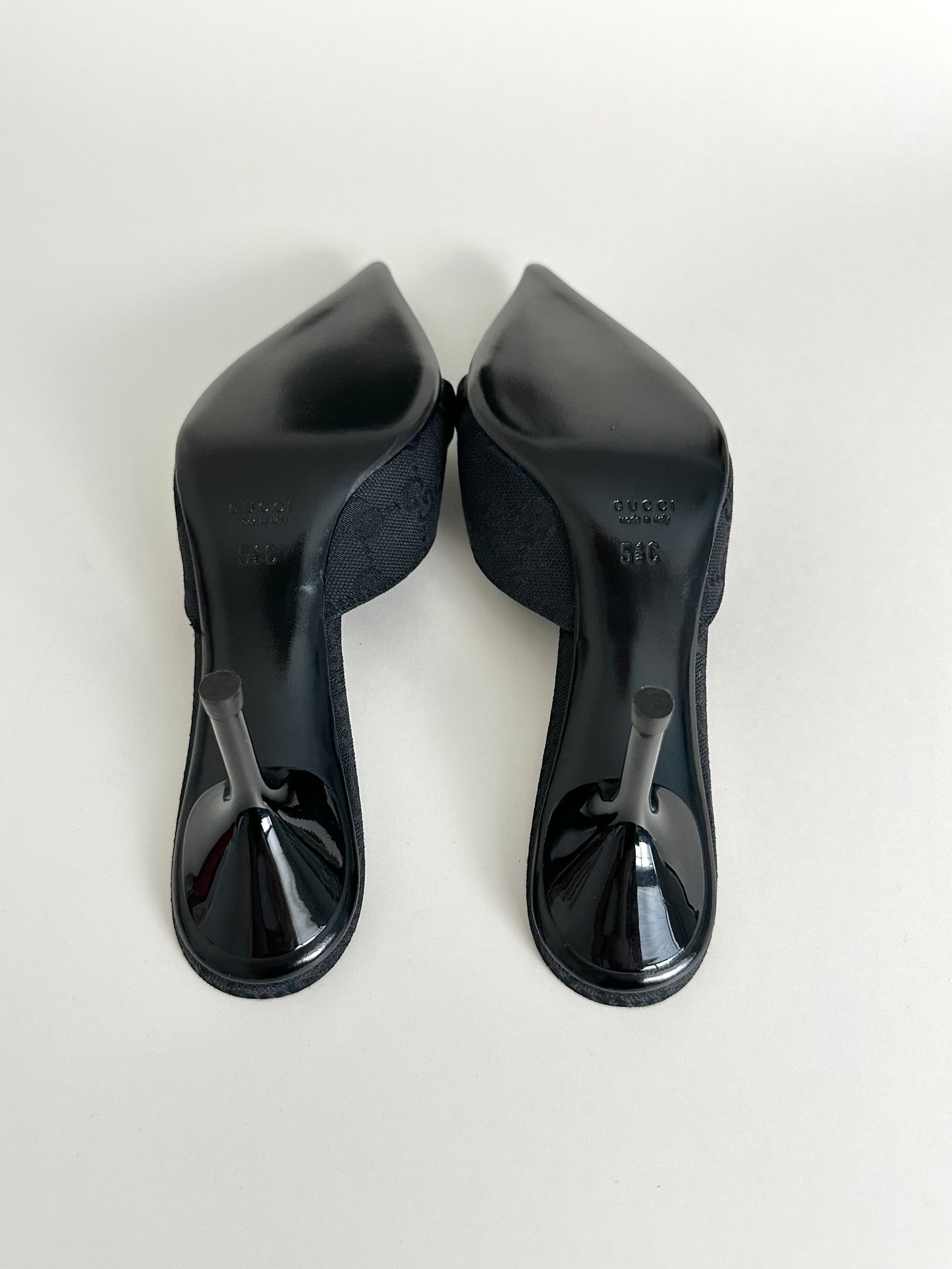 Gucci Black Monogram Horsebit Mules US 5.5