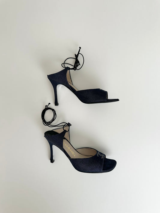 Chanel Denim Ankle Tie Sandals 37