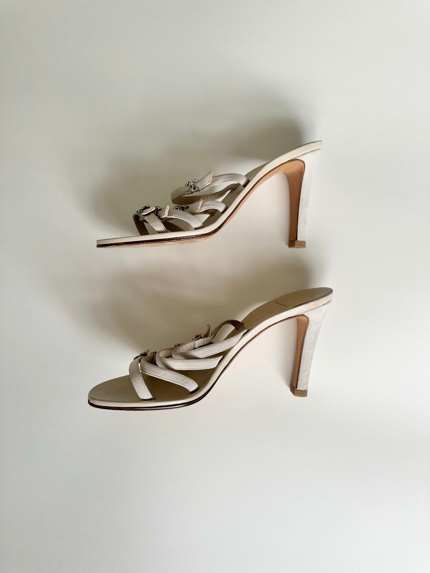Chanel Beige Rhinestone Logo Sandals 38