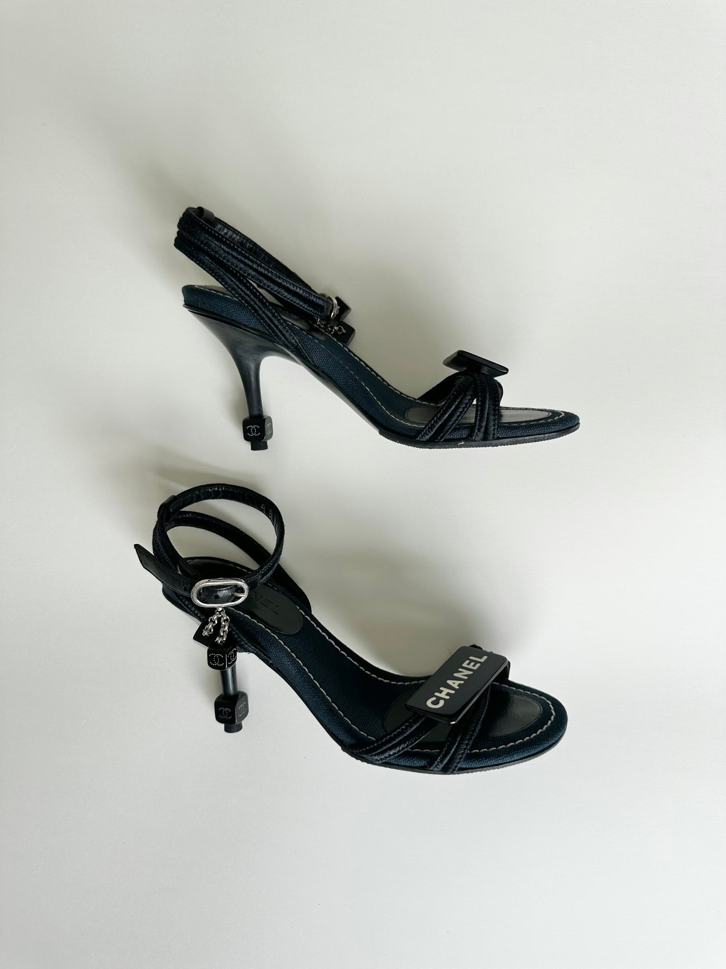 Chanel Denim Dice Ankle Strap Sandals 34