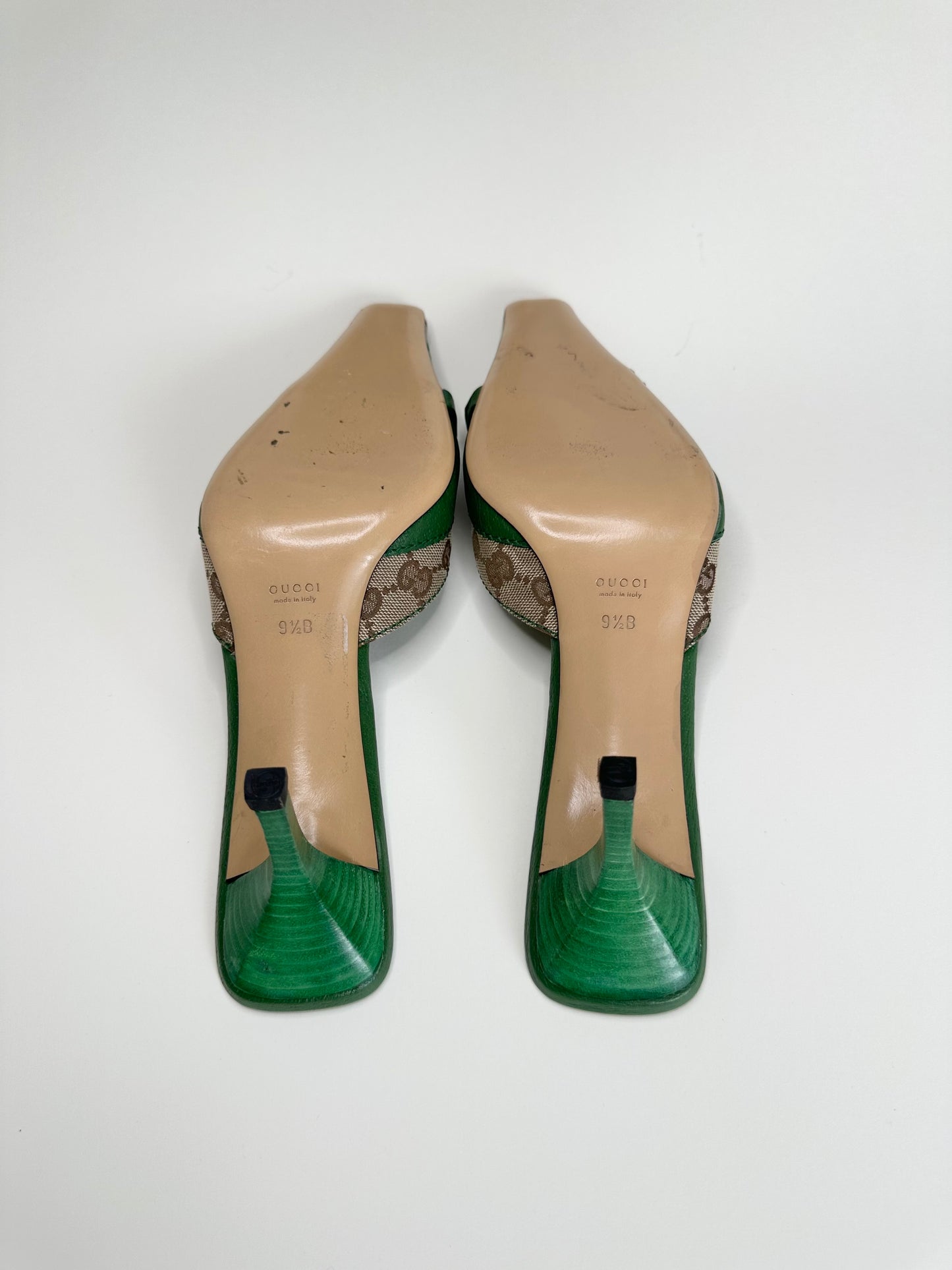 Gucci Green Monogram Horsebit Mules US 9.5