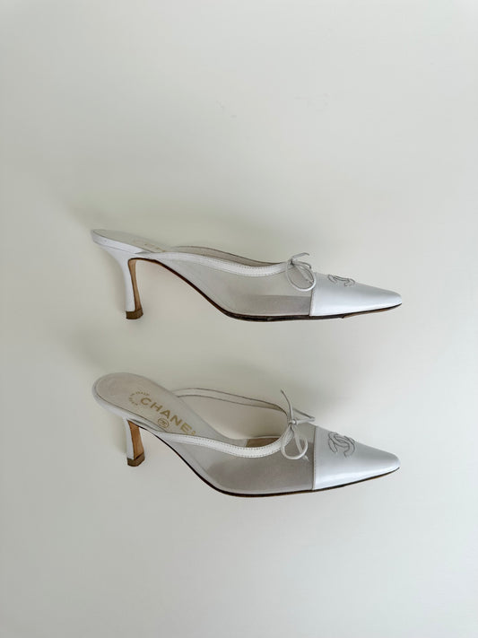 Chanel White Mesh Bow Mules 35