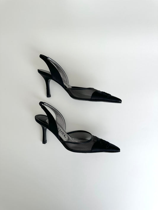 Chanel Black Satin Mesh Logo Slingback 36.5
