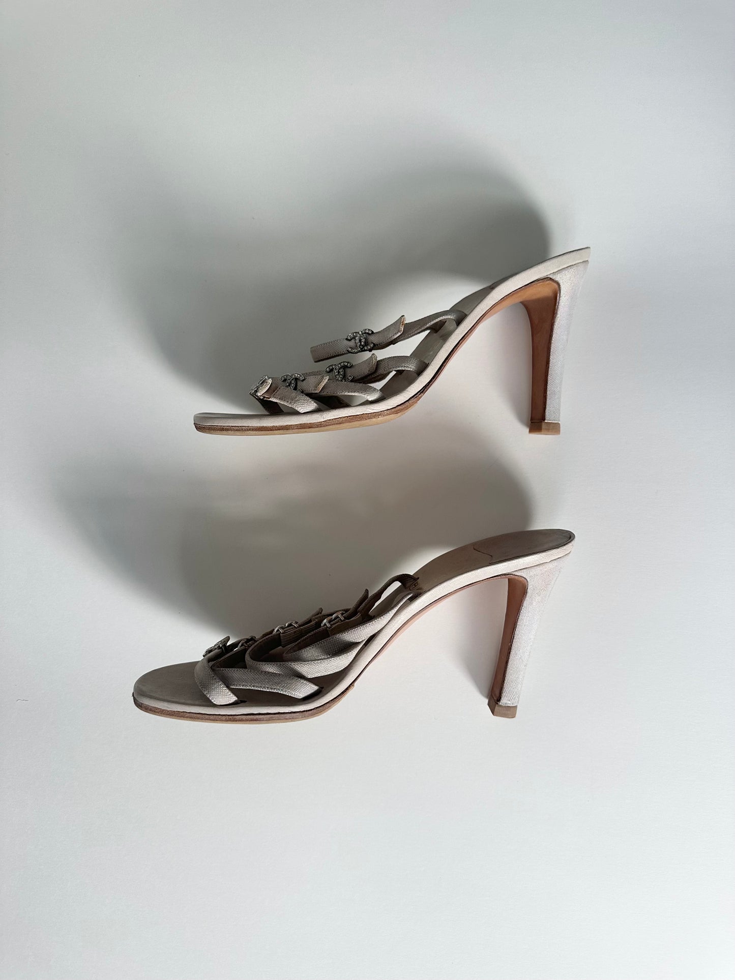 Chanel Beige Rhinestone Logo Sandals 38