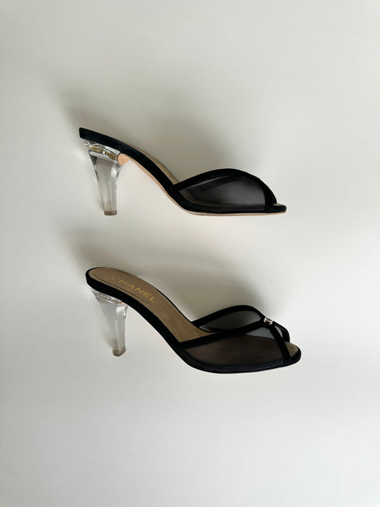 Chanel Black Mesh Logo Sandals 37.5