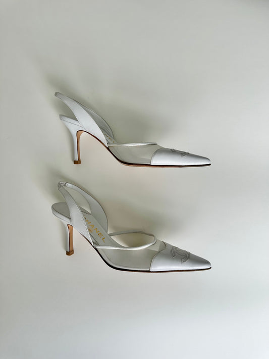 Chanel White Mesh Logo Slingback 37