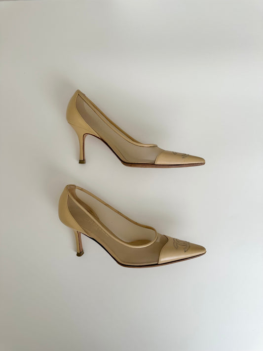 Chanel Beige Mesh Logo Pumps 37