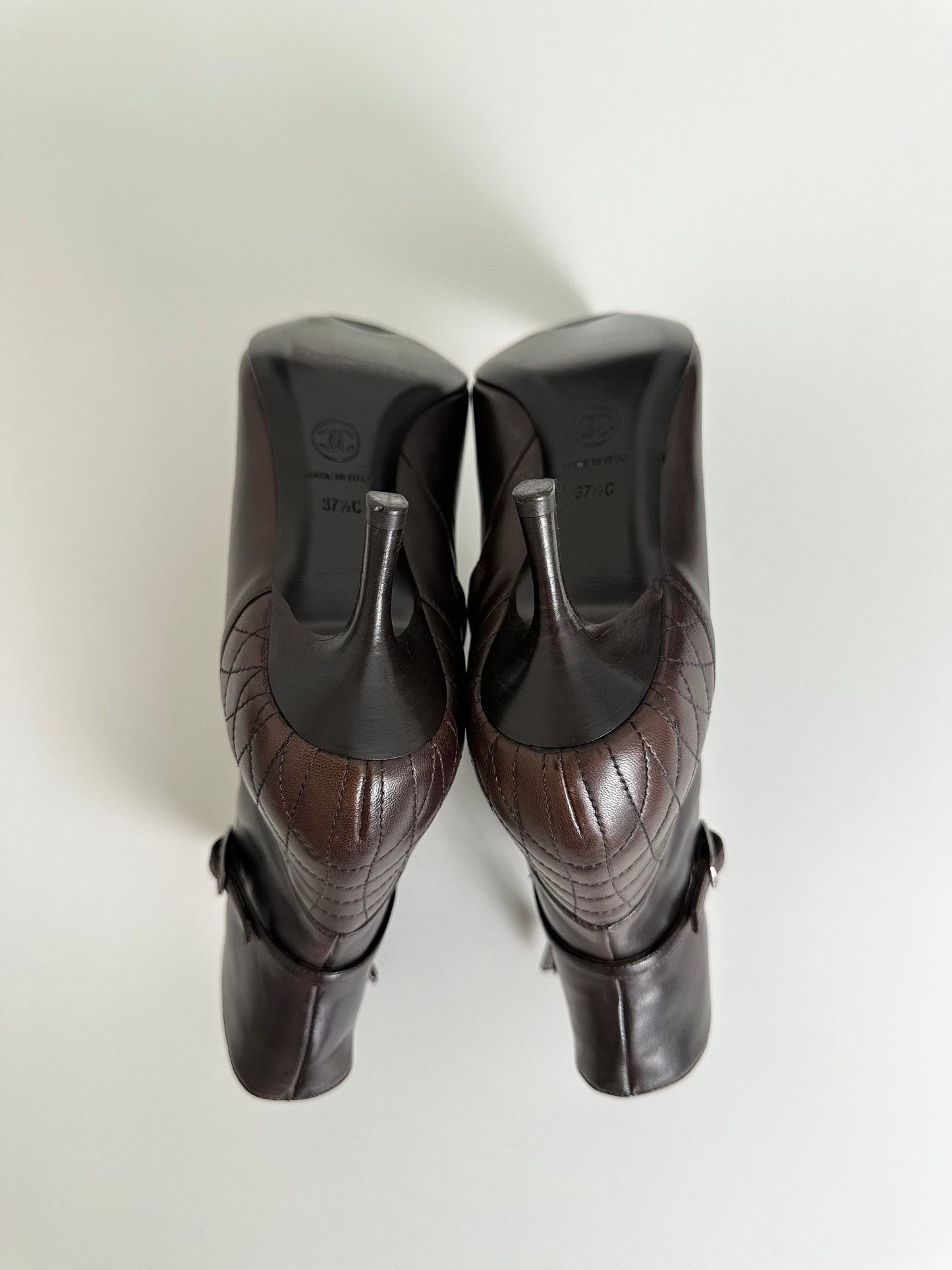 Chanel Brown Quilted Leather Ankle Boots 37.5