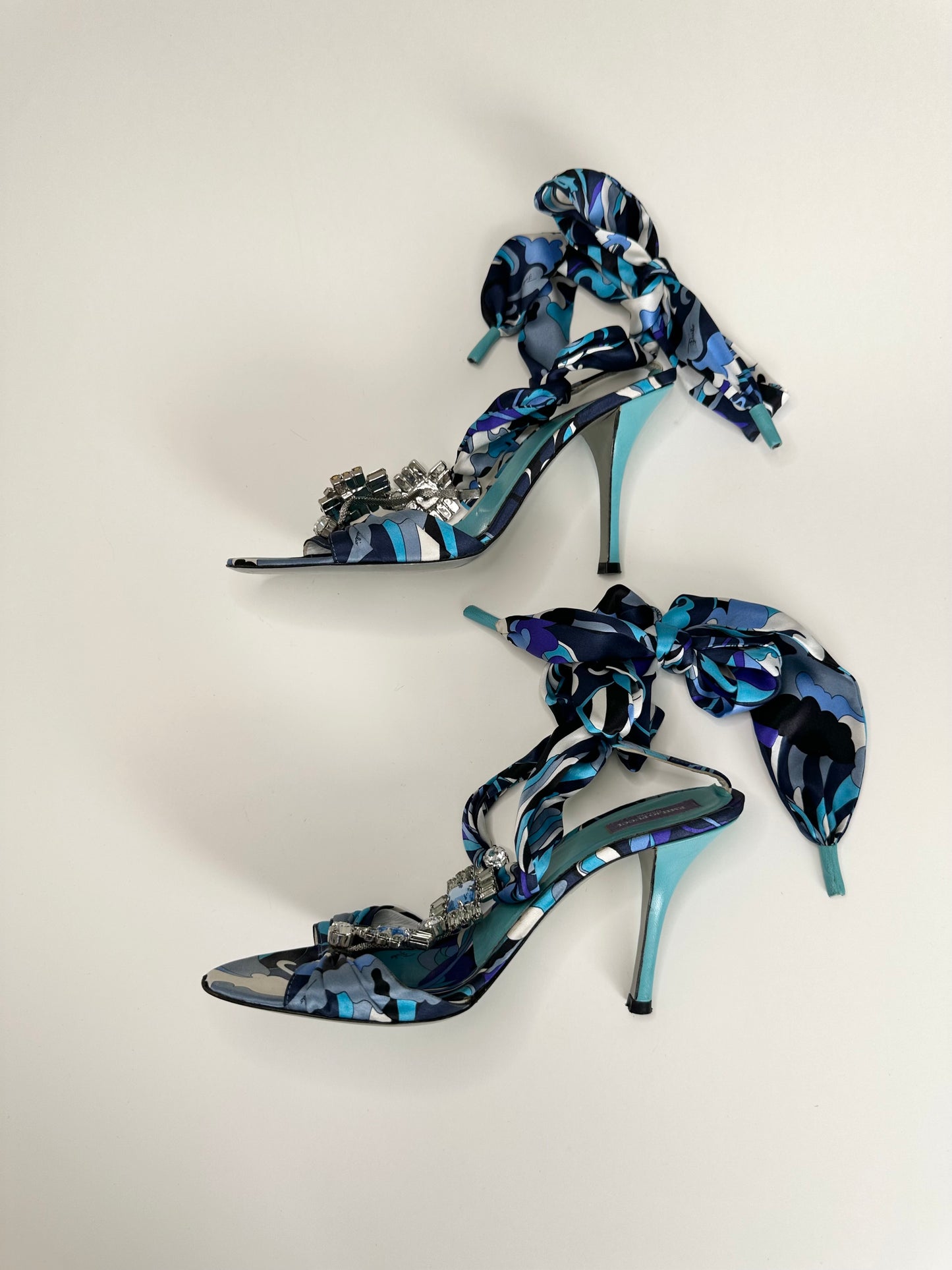 Pucci Jeweled Satin Ankle Wrap Sandals 38.5