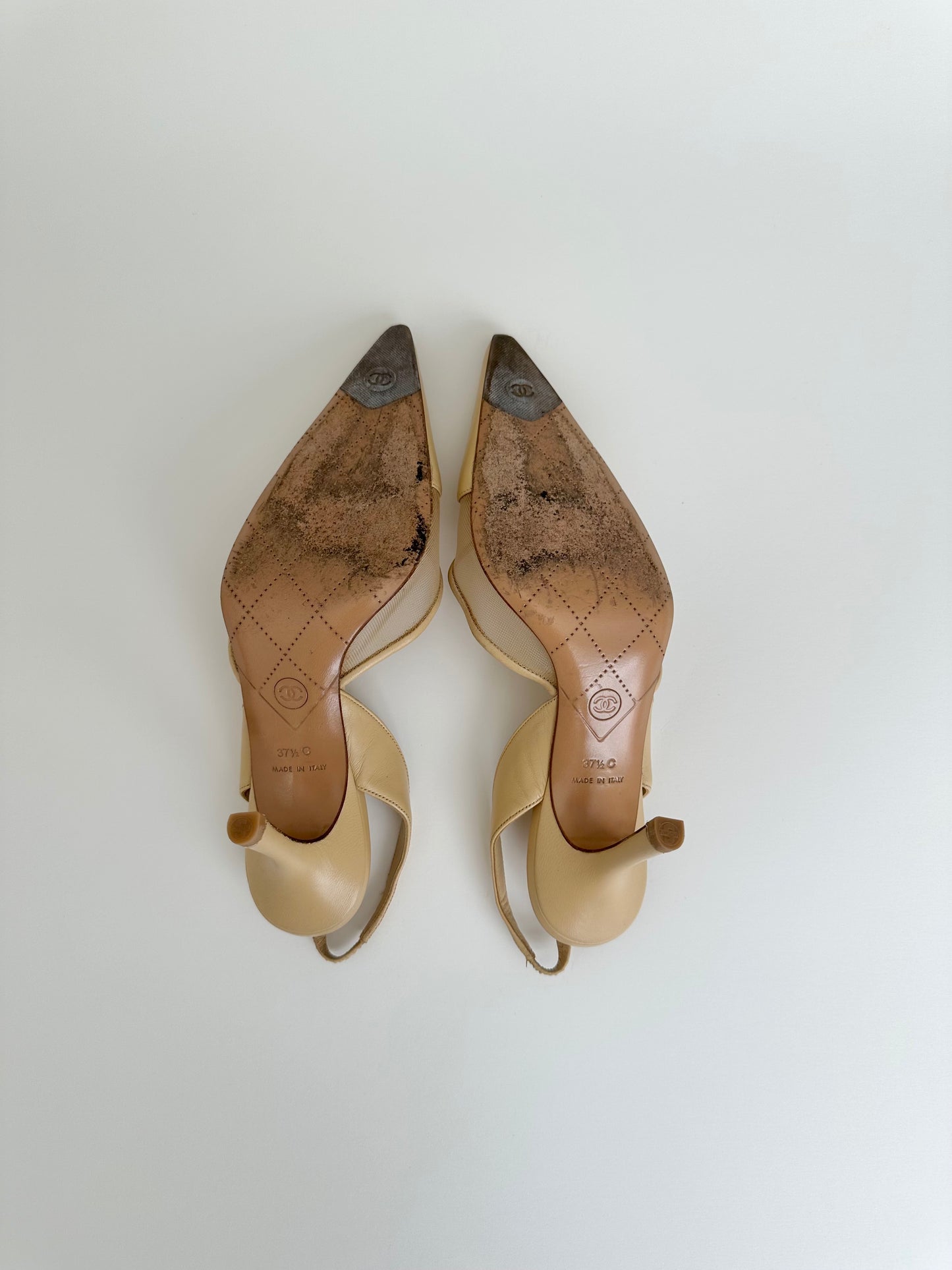 Chanel Beige Mesh Logo Slingback 37.5